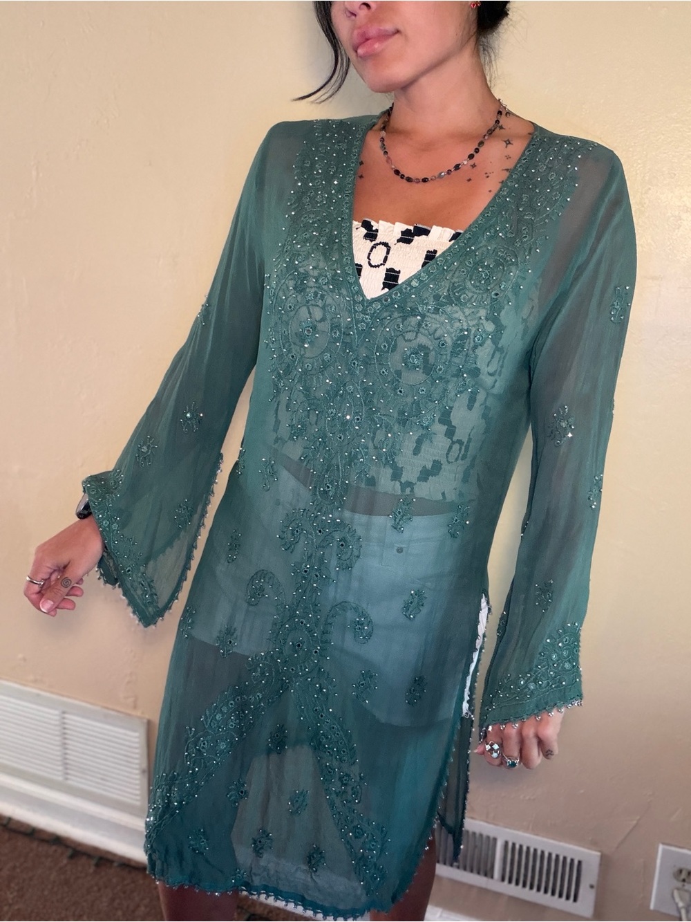 Vintage Embellished Sheer Teal Beaded Tunic Beach Cover up - Festival